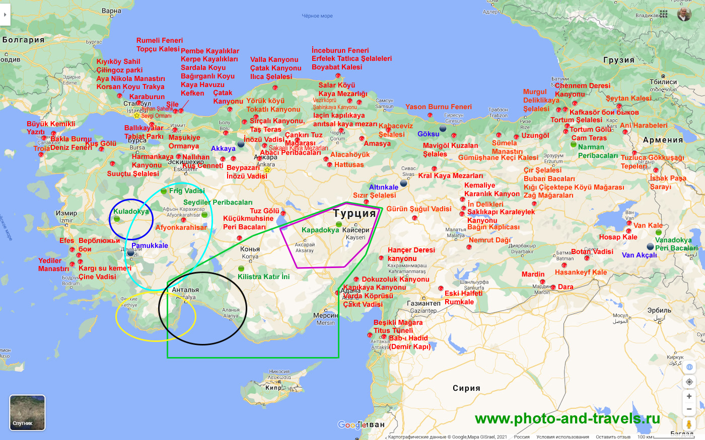 5. Карта расположения интересных мест Турции, куда можно съездить на машине.
