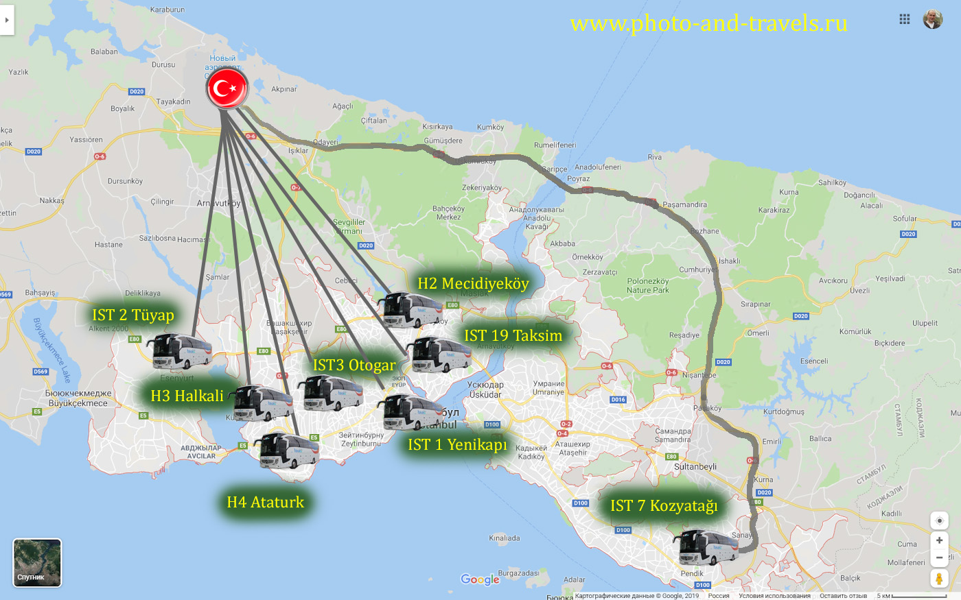 46. Схема маршрутов автобусов (шаттлов) «Havaist», поясняющая, как добраться в центр города на площади Таксим и Султанахмет.