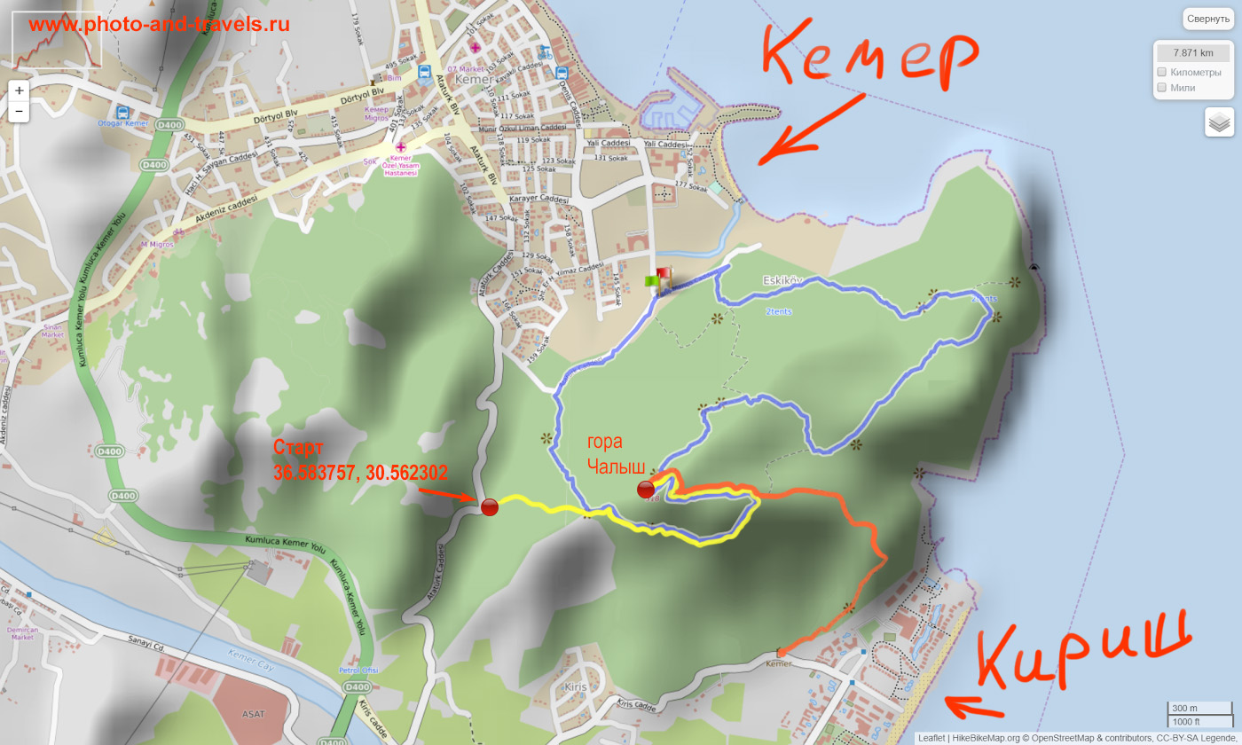 Карта со схемой маршрута к вершине "Горы с флагом", куда можно подняться из Кемера и из поселка Кириш. Другое название вершины - Чалыш-тепе (Çalış Tepe).