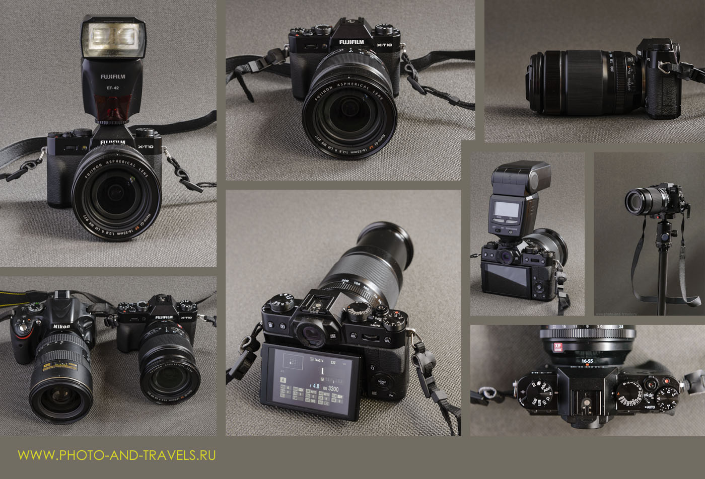 Фото 1. Внешний вид системной компактной камеры Fujifilm X-T10 со светосильным портретником Fujinon 16-50mm f/2.8 и с тёмным телеобъективом Fujifilm 55-200mm f/3.5-4.8, внешней вспышкой Fujifilm EF-42, на штативе Sirui T-2204X с головкой G-20KX. Аналогичное соотношение размеров будет у X-T20 и X-T30.