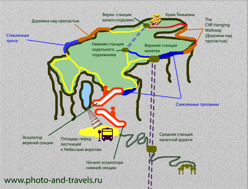 Карта со схемой расположения туристических маршрутов на горе Тяньмэньшань