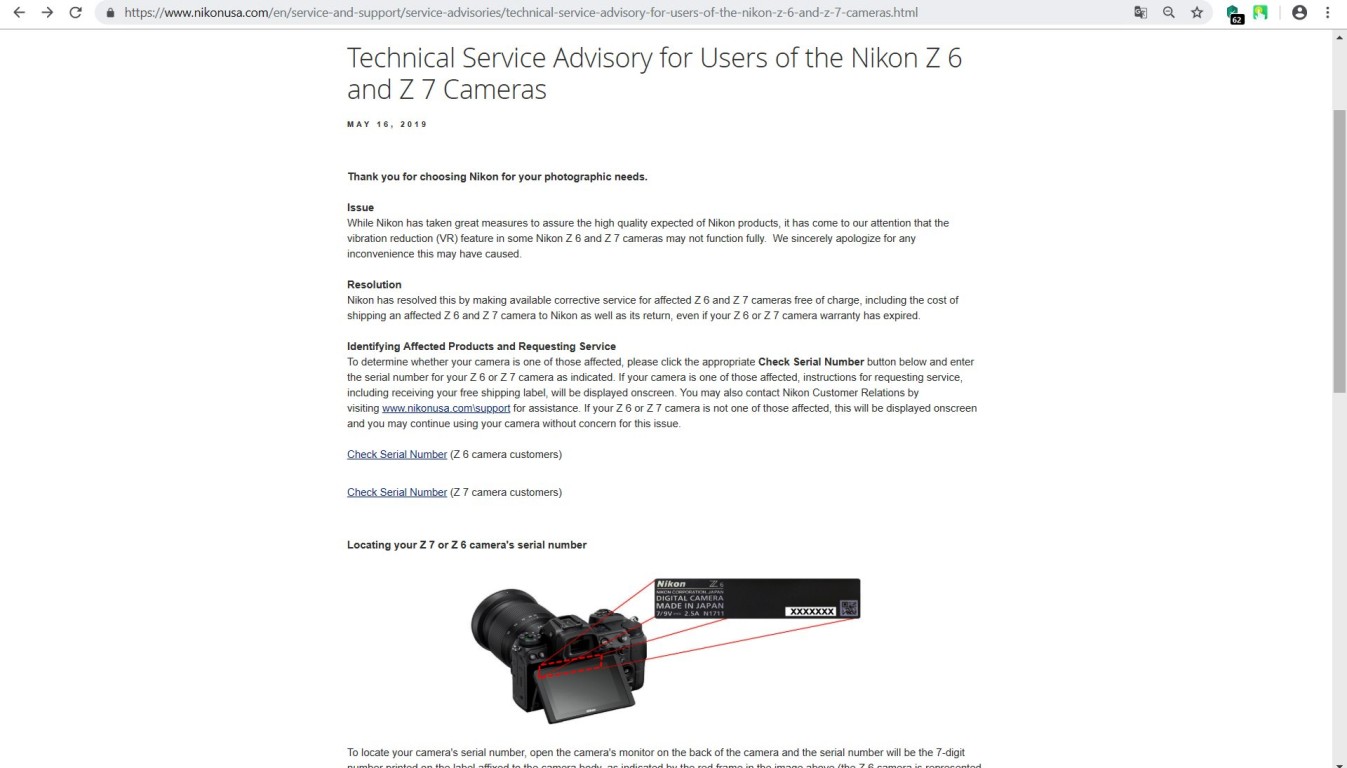 Извещение службы технической поддержки "Nikon" в США о бесплатном устранении проблемы со стабилизатором изображения в беззеркалках Nikon Z6 и Nikon Z7.
