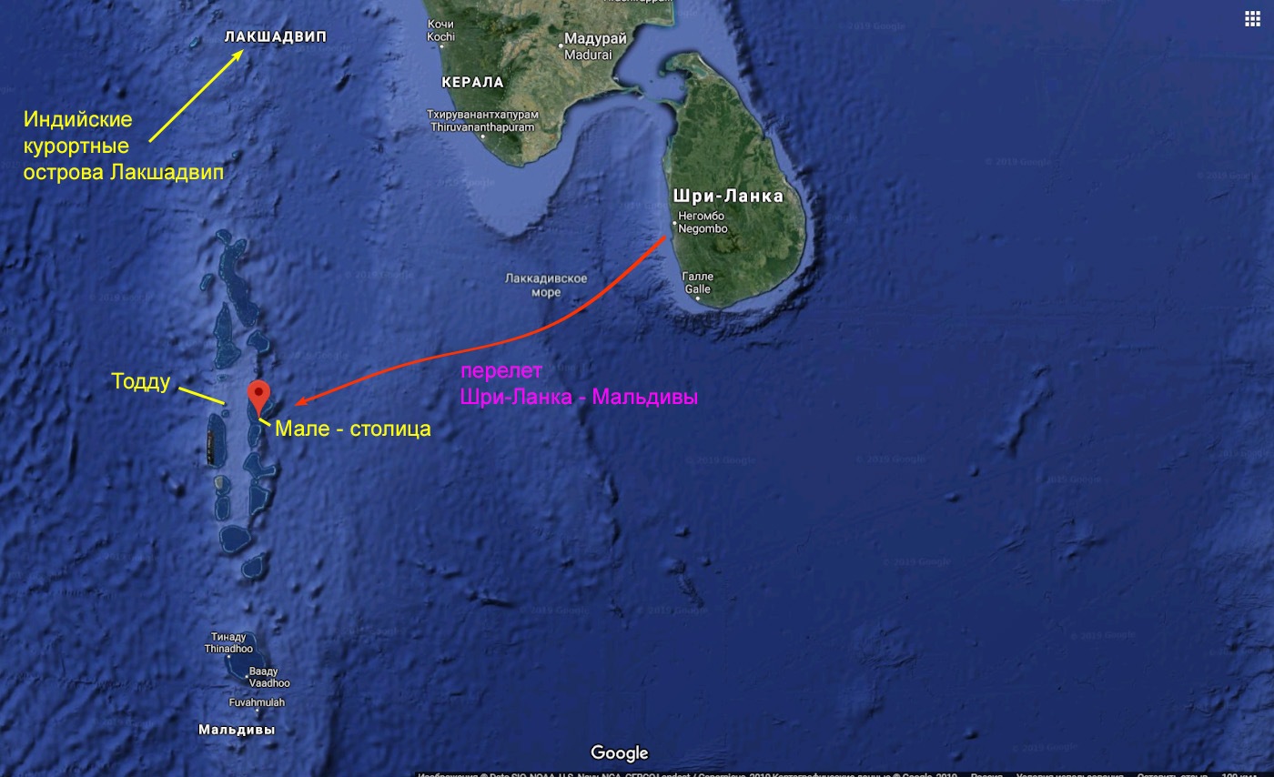 Карта со схемой, как добраться на остров Тодду из Шри-Ланки через Мале.