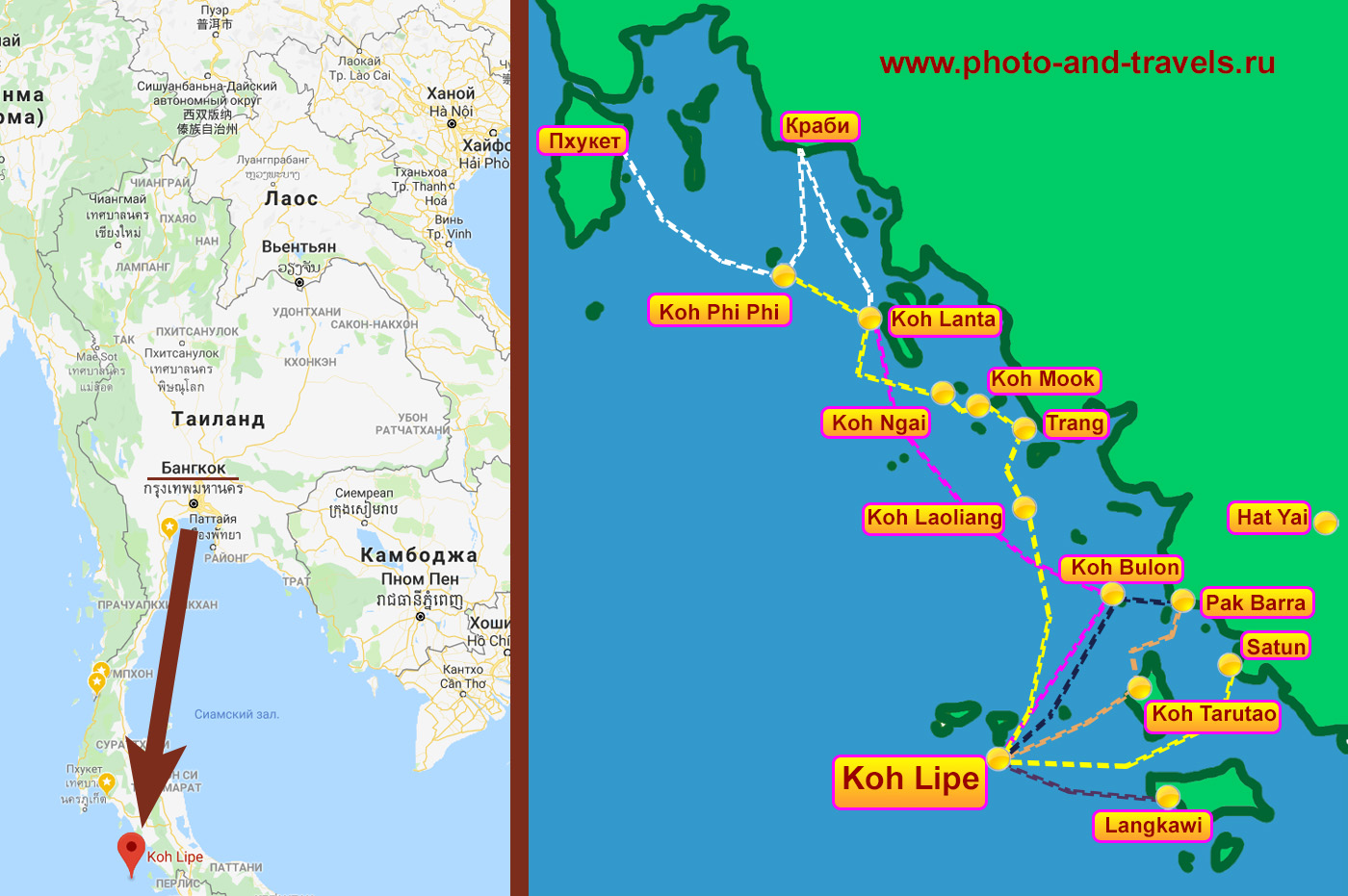 Карта со схемой маршрутов морского транспорта до Ко Липе. Примерное расстояние от верхней до нижней границы карты на местности – 250 км.