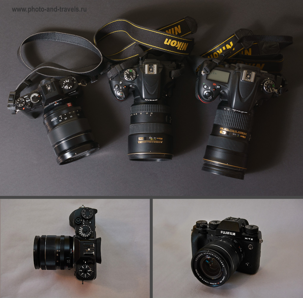 4. Сравнение габаритов полнокадрового объектива Nikon 24-70mm f/2.8G с тушкой Nikon D610, КРОПнутого Nikon 17-55mm f/2.8G с Nikon D5100, героем обзора Fuji 16-55mm f/2.8 на Fujifilm X-T10 и Fujifilm 18-55mm f/4 на Fujifilm X-T2. Верхний снимок получен на Sony A6000 KIT 16-50mm f/3.5-5.6, нижний – на Nikon D5200 KIT 18-55mm f/3.5-5.6G.