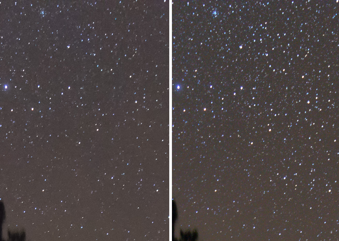 Фотография 13. Сравнение воздействия шумодава на звезды в масштабе 100%, слева – оригинальный кадр после плагина Dfine 2 из набора Nik Collection, справа - 10 кадров сшиты в Sequator. Видно, что слева количество звезд намного меньше. Камера Nikon D610 с объективом Nikon 18-35mm f/3.5-4.5G. 18 mm, ISO 3200, f/3.5, 20 s