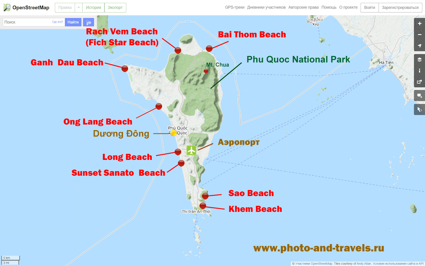 5. Карта расположения пляжей и достопримечательностей на острове Фукуок.
