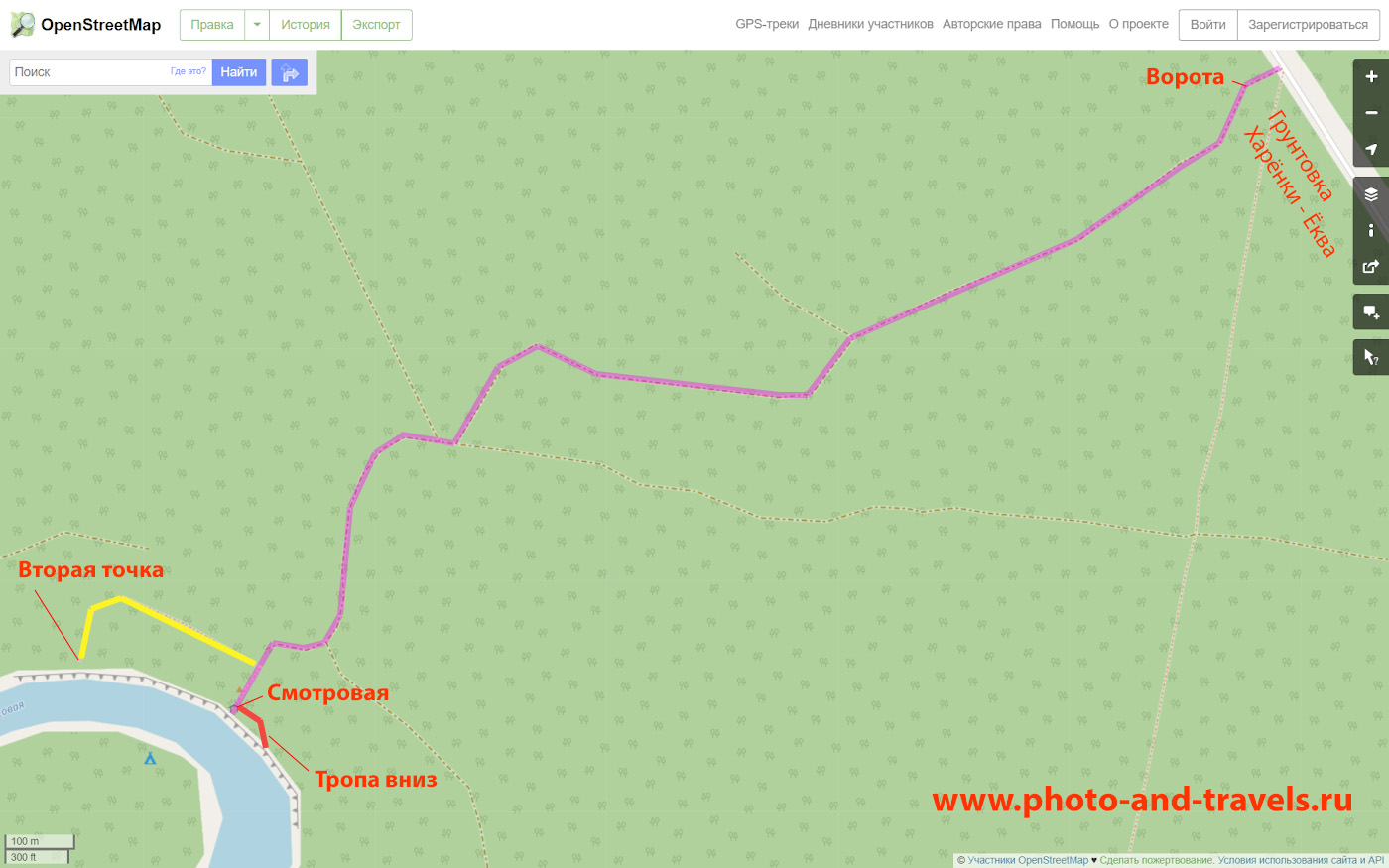18. На картах OpenStreetMap показана тропа к утёсу вниз по Чусовой. Тропа вниз, по которой можно спуститься к берегу обозначена красным цветом. Дорожка ко второй смотровой площадке, откуда, наверное, можно снять классные виды - желтым.