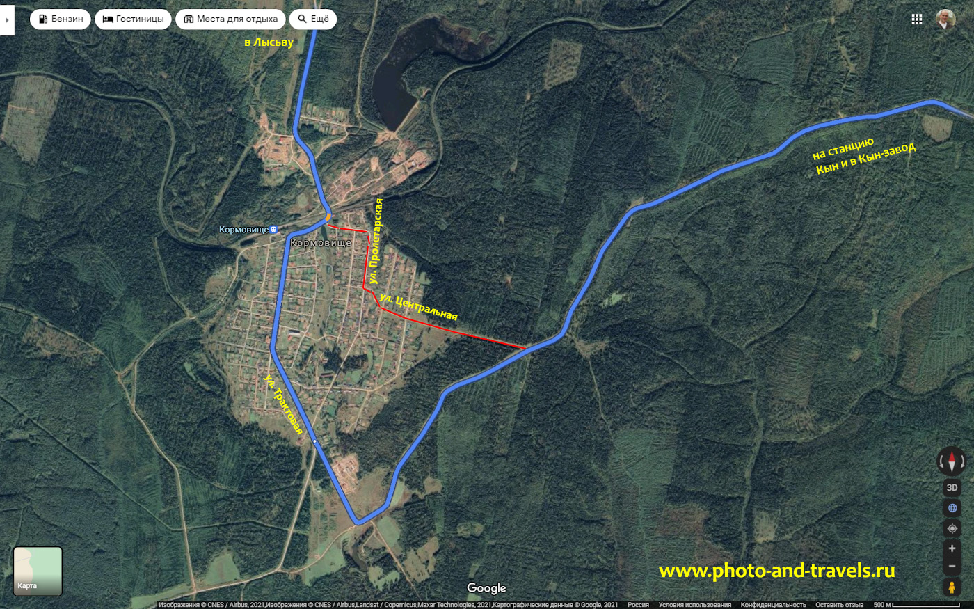 4. Карта легкого и сложного маршрута проезда по пути из Лысьвы в Кын через поселок Кормовище.