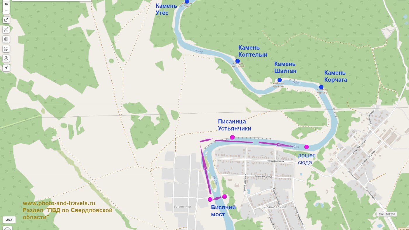 Карта со схемой расположения скал у поселка Зыряновский и деревни Устьянчики. Поездка по Свердловской области на автомобиле.