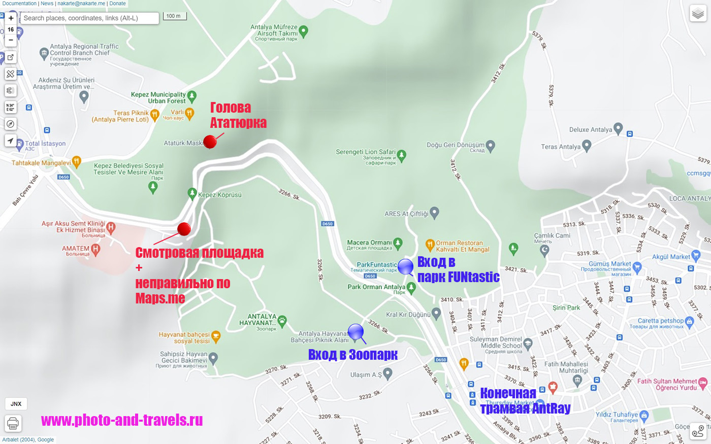 2. Карта со схемой расположения входа в зоопарк Анталии, парка «Фантастик» (PARK FUNtastic) и смотровой площадки «Голова Ататюрка».