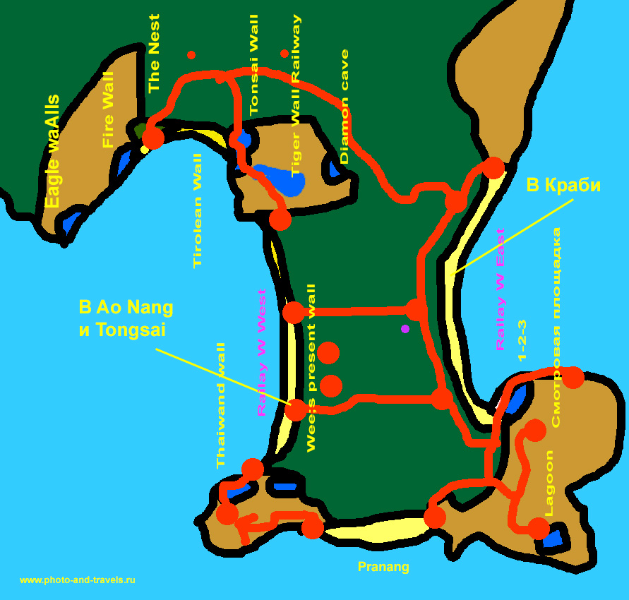 Карта со схемой тропинок и расположением пляжей на полуострове Рейли-бич в провинции Краби в Таиланде.