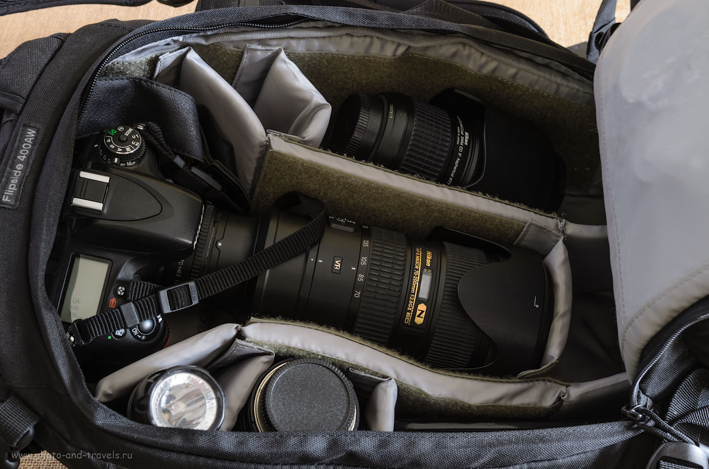 Фото 9. Если мы меняем универсальную линзу Nikon 24-70mm f/2.8 на телеобъектив Nikon 70-200mm f/2.8, то даже с экстендером Nikon TC-14E II, он может храниться в рюкзаке для фотоаппарата Lowepro Flipside 400 AW в собранном виде.