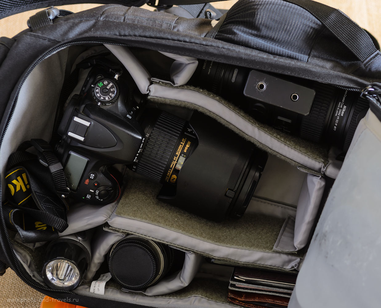 Фотография 8. Объемная камера фоторюкзака Lowepro Flipside 400 AW позволяет одновременно держать накрученным на тушку Nikon D610 репортажник Nikon 24-70mm f/2.8 и есть место для телевика Nikon 70-200mm f/2.8.