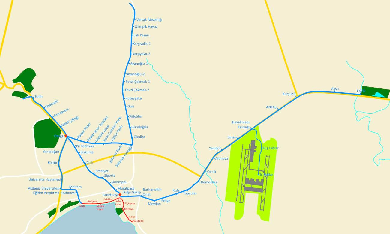 Карта движения ретро-трамваев и Antray в Анталии. Как добраться в Калеичи из аэропорта.