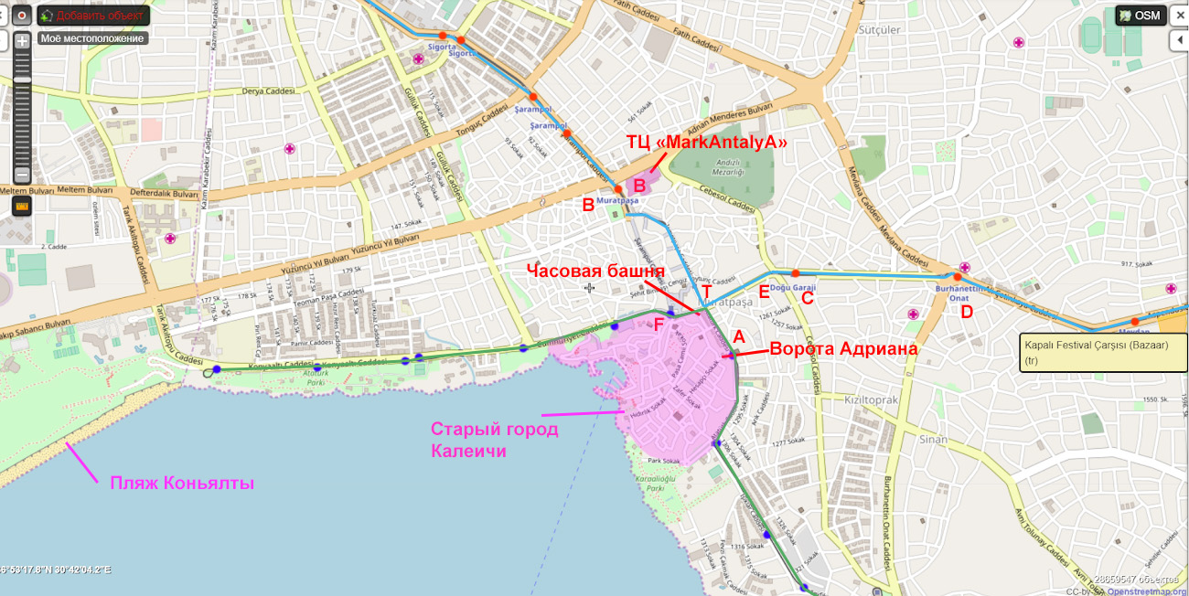 Схема расположения остановок рядом с Адриановыми воротамив Калеичи. Как дойти пешком от торгового центра «МаркАнталия»