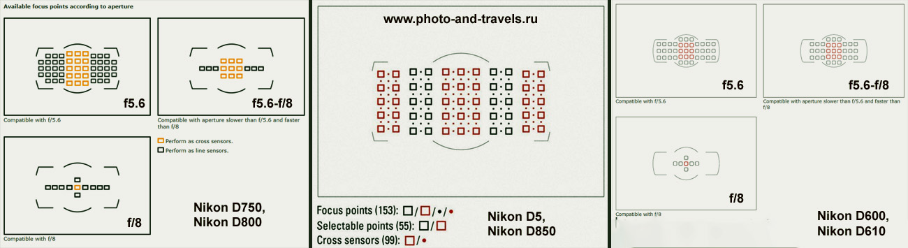 Схема расположения крестовых и обычных точек автофокуса в фотоаппаратах Nikon D610, Nikon D750, Nikon D810 и Nikon D850.
